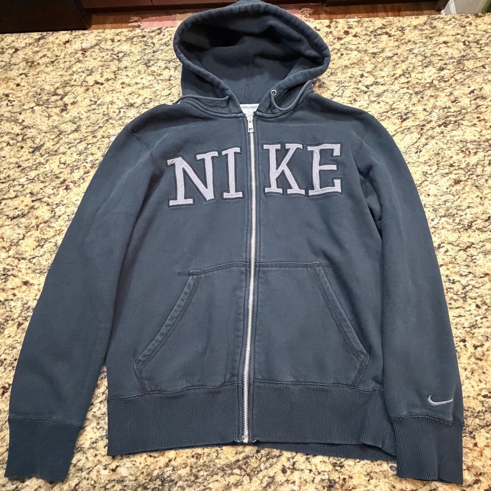 Nike Mens Spellout Full Zip Hoodie Navy Blue Grey Fleece Sweatshirt Size M ws